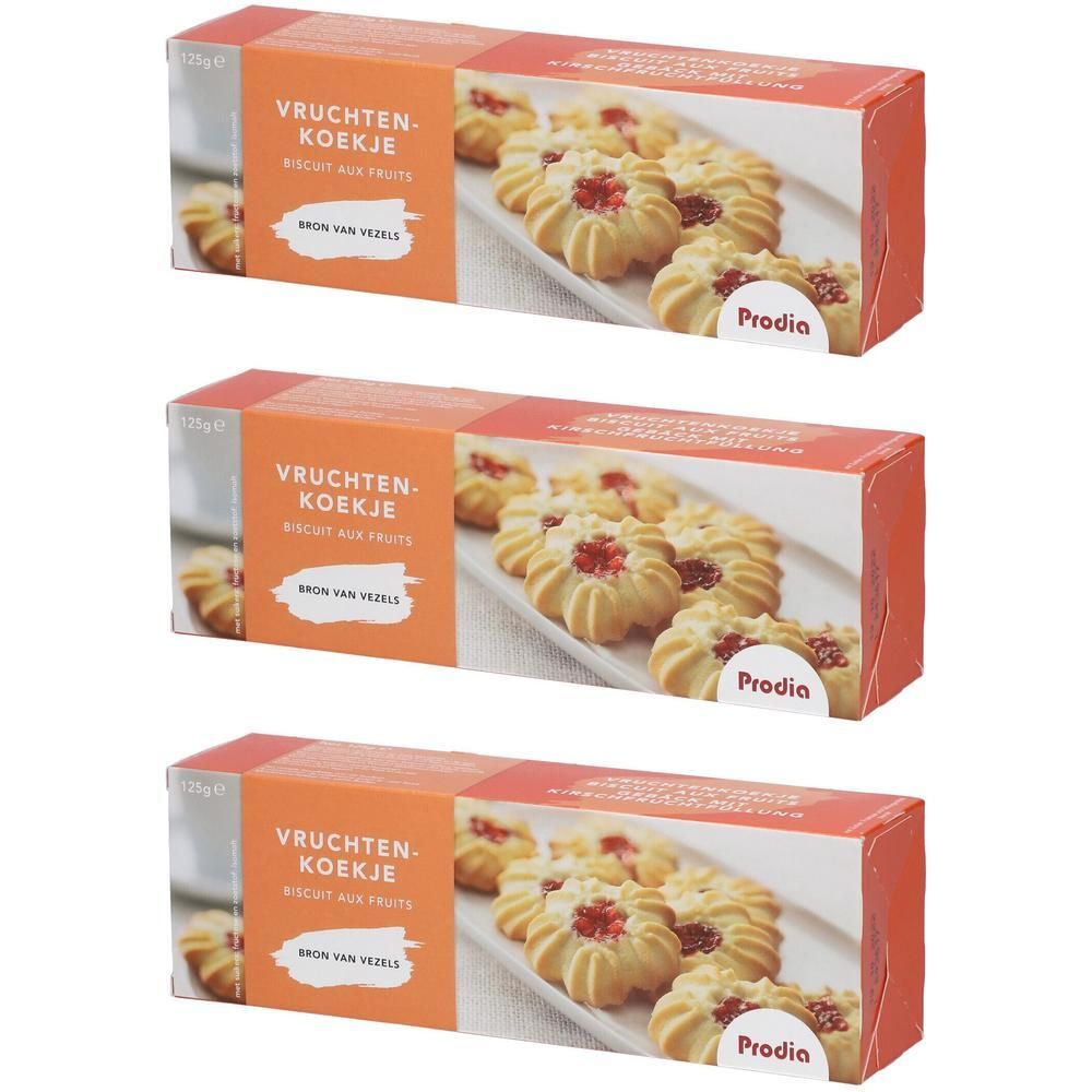 Drie pakken Prodia vruchtenkoekjes met zoetstof. Koekjes met jamvulling.