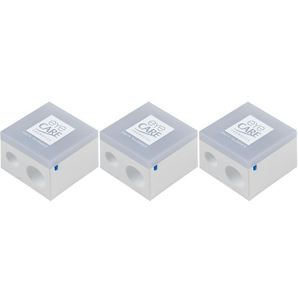 Drie witte puntenslijpers met blauwe deksel, elk met twee openingen en het "eye CARE" logo.