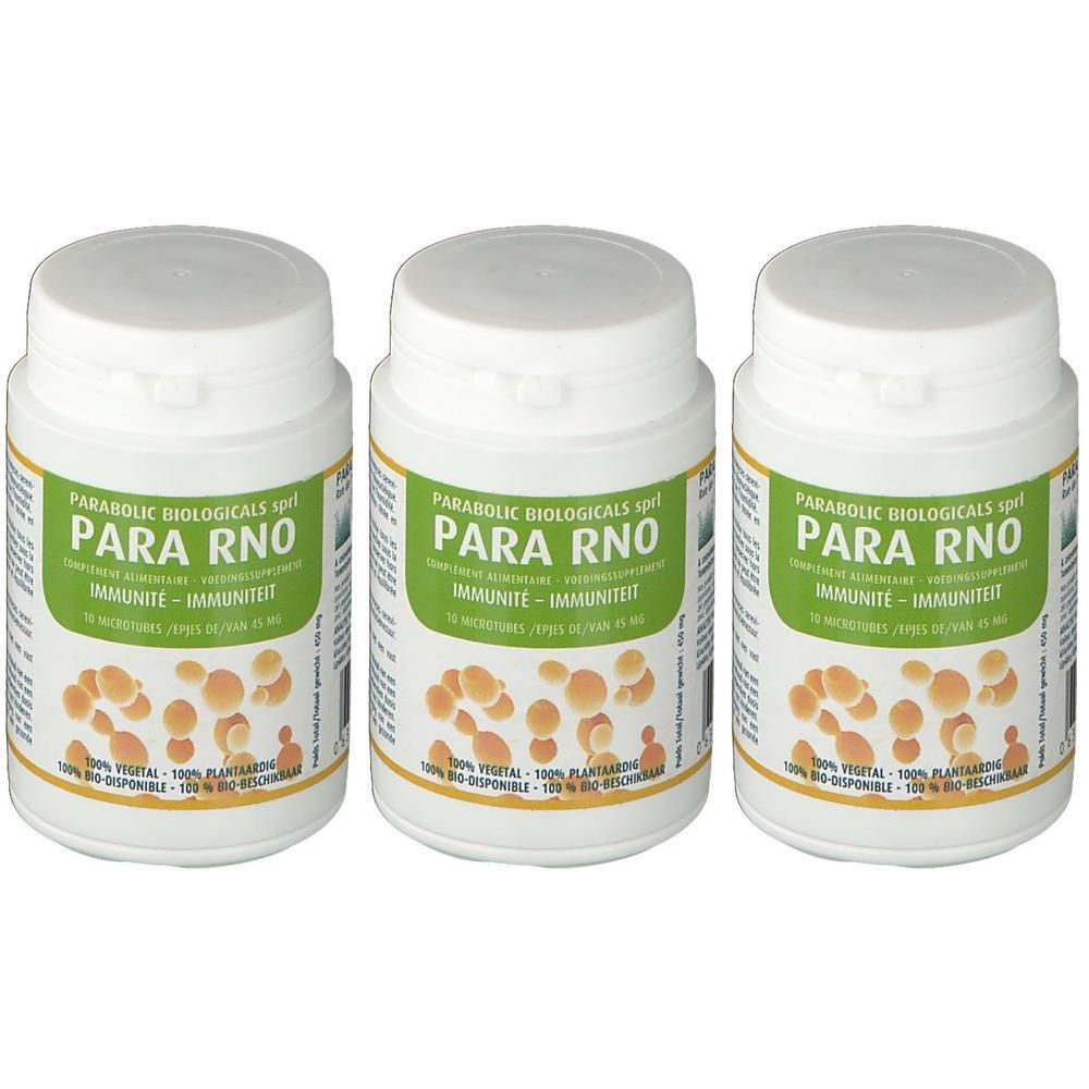 Trois flacons de Para RNO, complément alimentaire pour l'immunité. Flacons blancs avec étiquettes vertes et illustrations de micro-billes.
