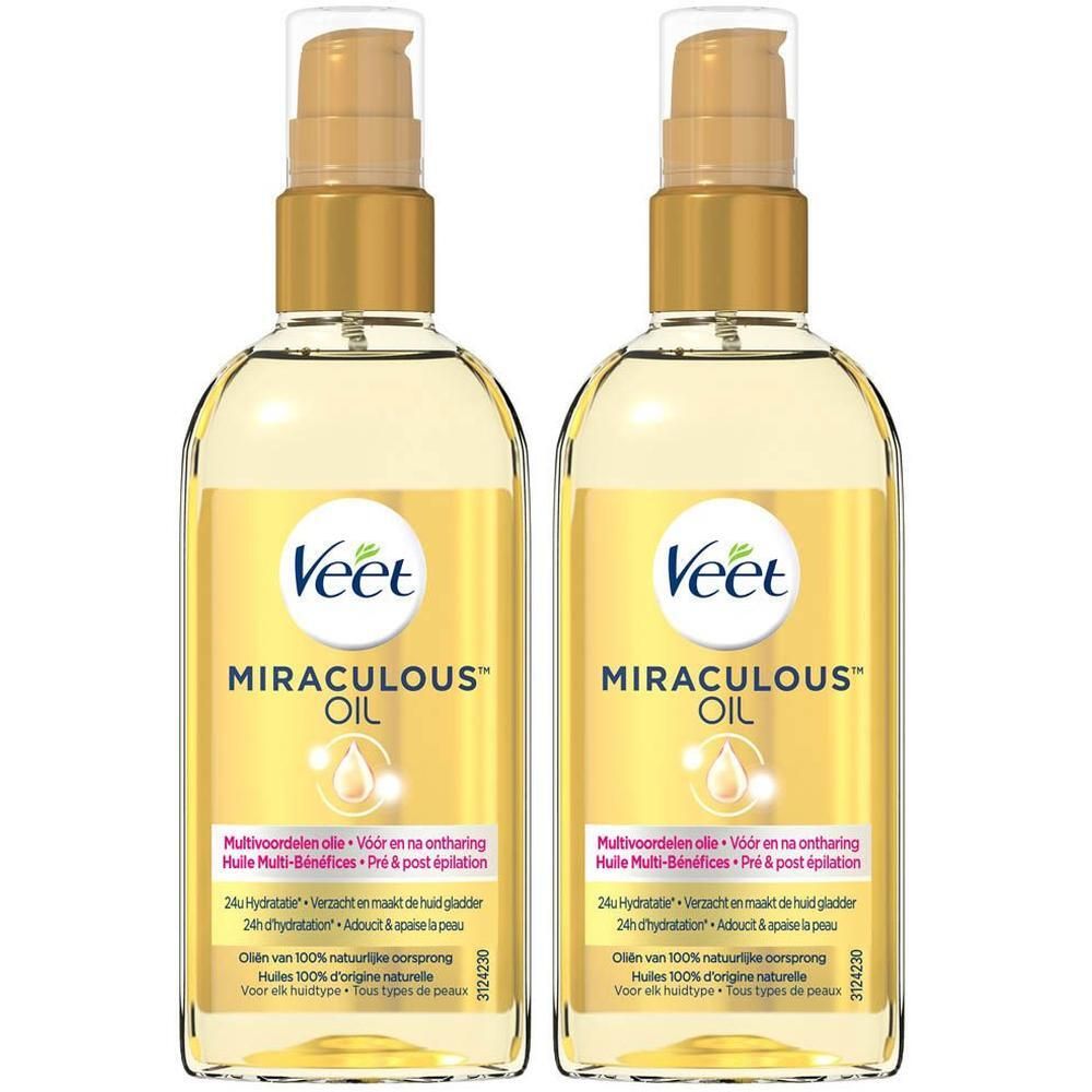 Twee flessen Veet Expert Miraculous™ Olie met gouden dop en dispenser.