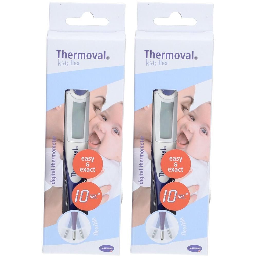 Twee digitale thermometers van Thermoval Kids flex in verpakking. Weergave: 'easy & exact', '10 sec'.