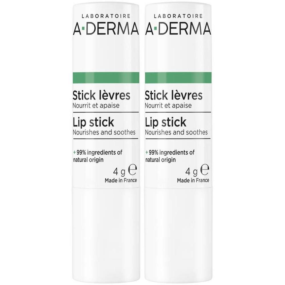 Deux sticks à lèvres blancs avec accents verts et logo A-Derma. 4g.