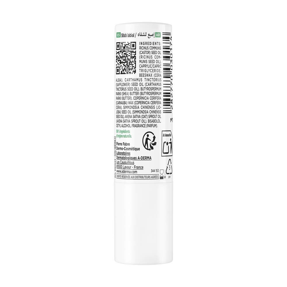 Arrière d'un stick à lèvres A-Derma blanc avec ingrédients et QR code. 4g.