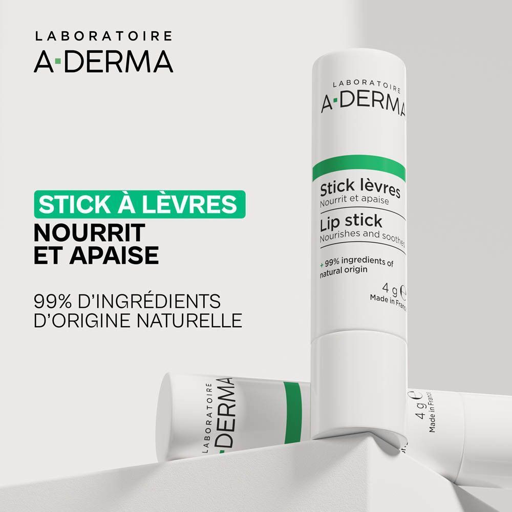 Stick à lèvres A-Derma, nourrit et apaise, 99% d'ingrédients d'origine naturelle. 4g.