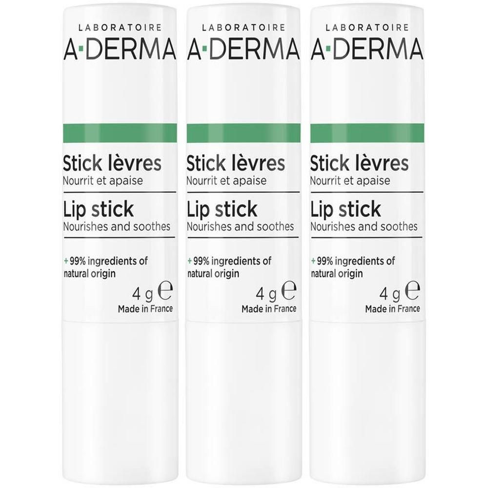 Trois sticks lèvres A-Derma, boîtier blanc avec accents verts.