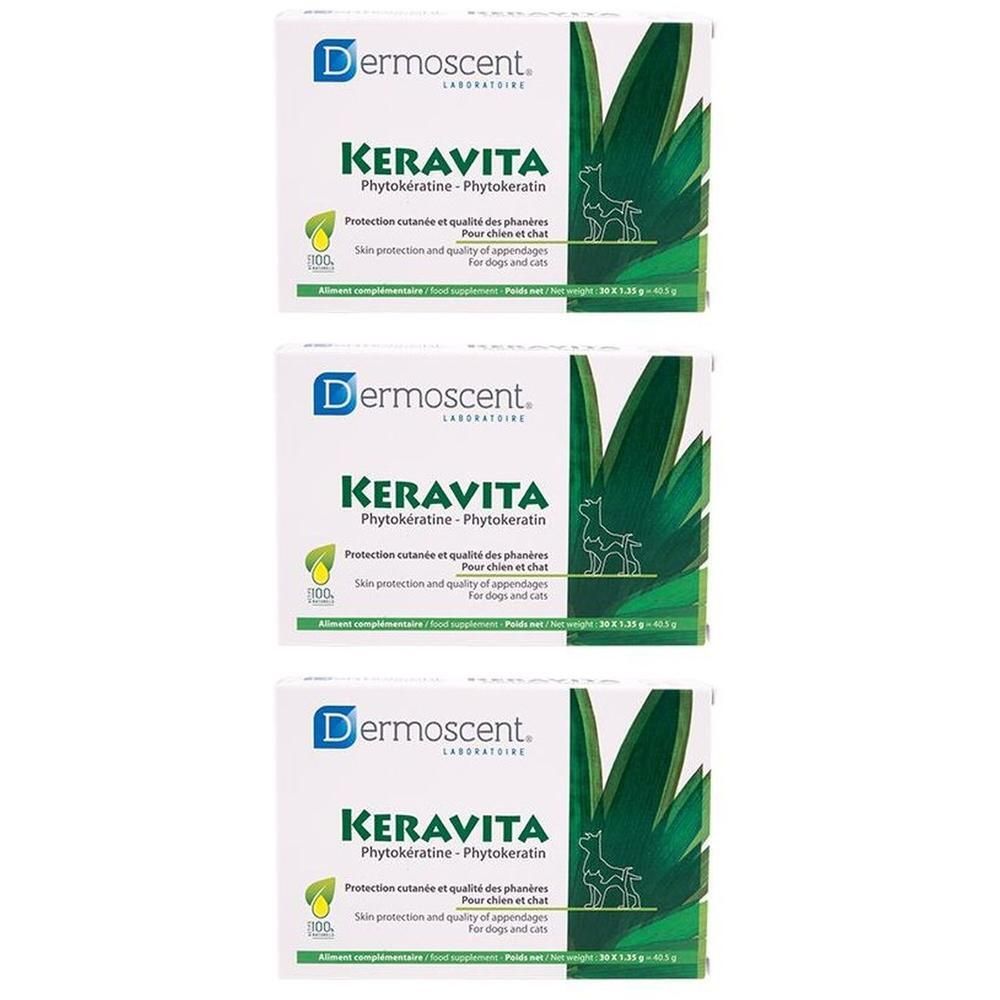 Dermoscent Keravita : trois boîtes de phytokératine pour chiens et chats.