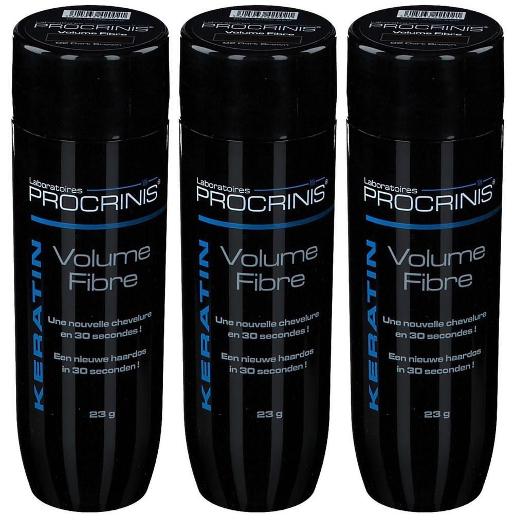 Trois flacons noirs de Procrinis Volume Fibre Kératine fibres capillaires, teinte Brun Foncé, 23g.