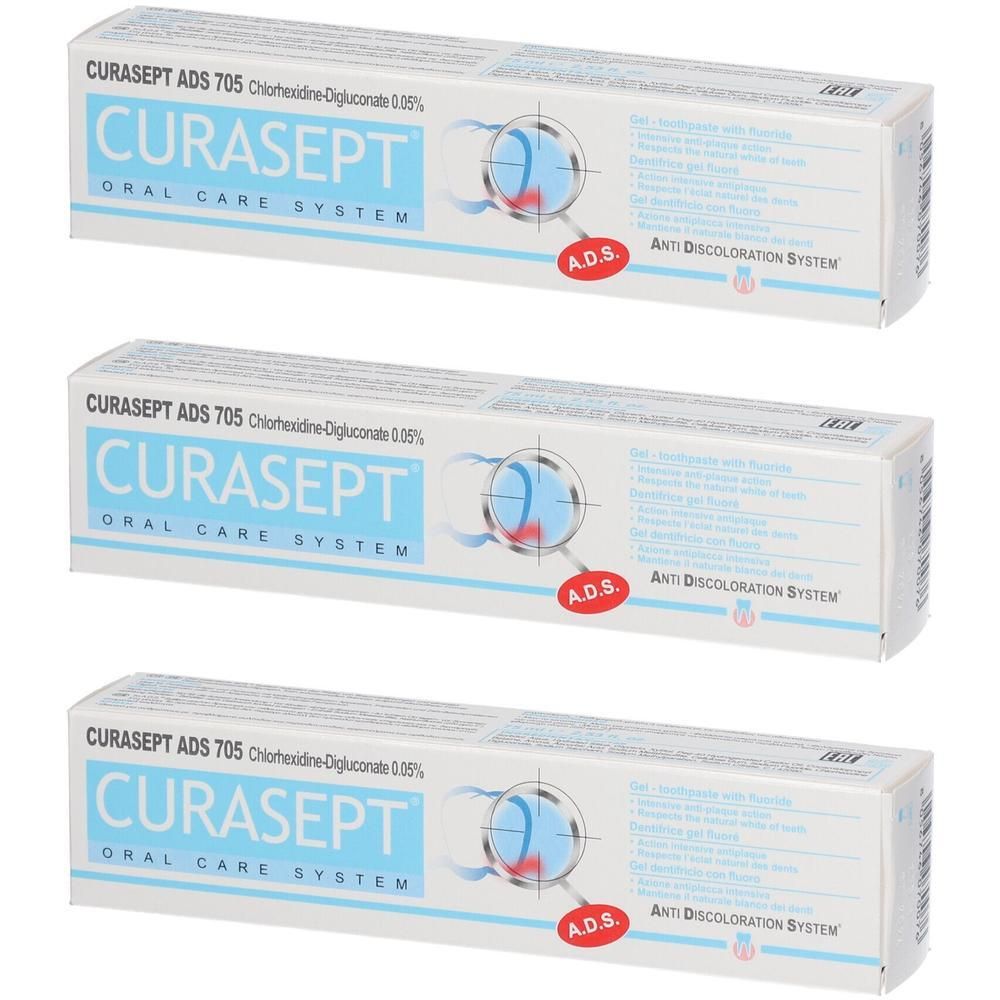 Trois boîtes de dentifrice Curasept ADS 705 avec Chlorhexidine-Digluconate 0,05%.