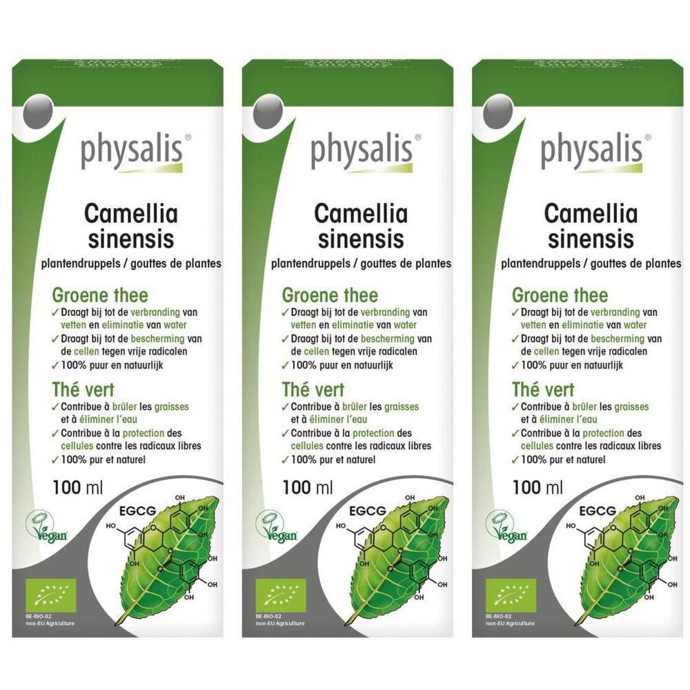 Drie flessen physalis® Camellia Sinensis plantendruppels, elk 100 ml. Groene thee en EGCG.