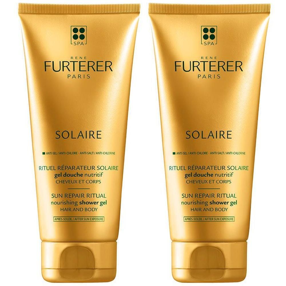 Twee gouden tubes René Furterer Solaire douchegel voor haar en lichaam.