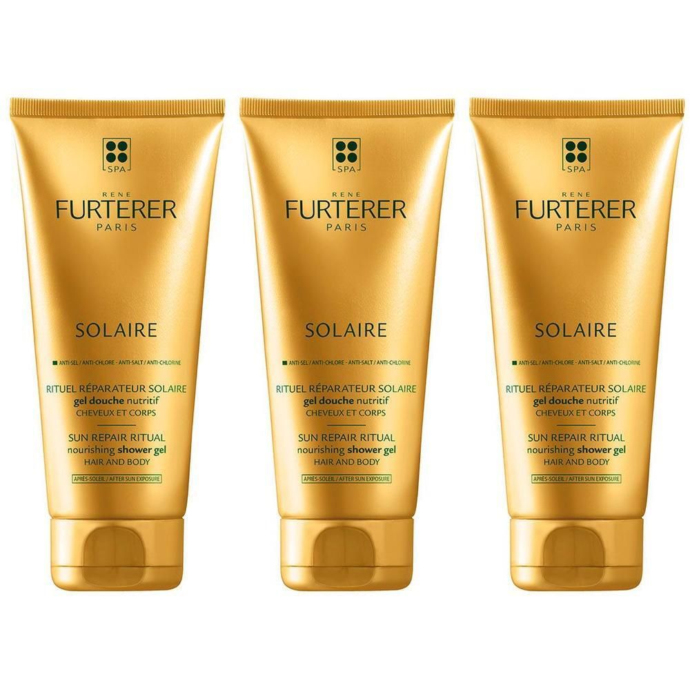 Drie gouden tubes René Furterer Solaire douchegel voor haar en lichaam.