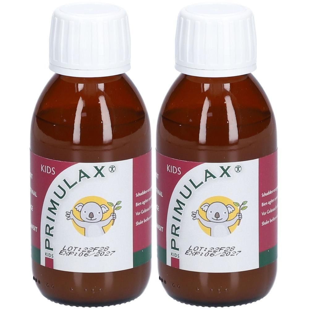 Deux flacons en verre brun avec bouchon à vis blanc, étiquette avec illustration de koala et inscription "PRIMULAX KIDS".
