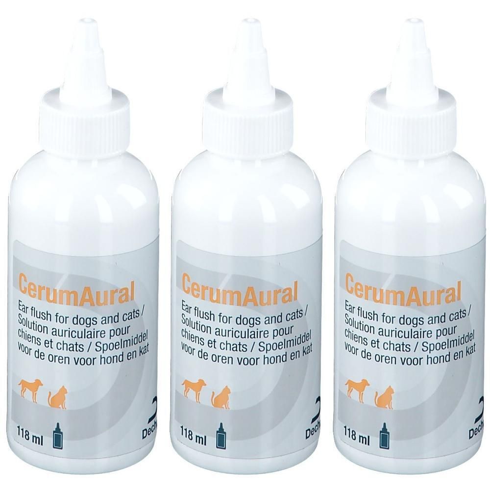 Trois flacons blancs de solution auriculaire CerumAural pour chiens et chats, 118 ml chacun.