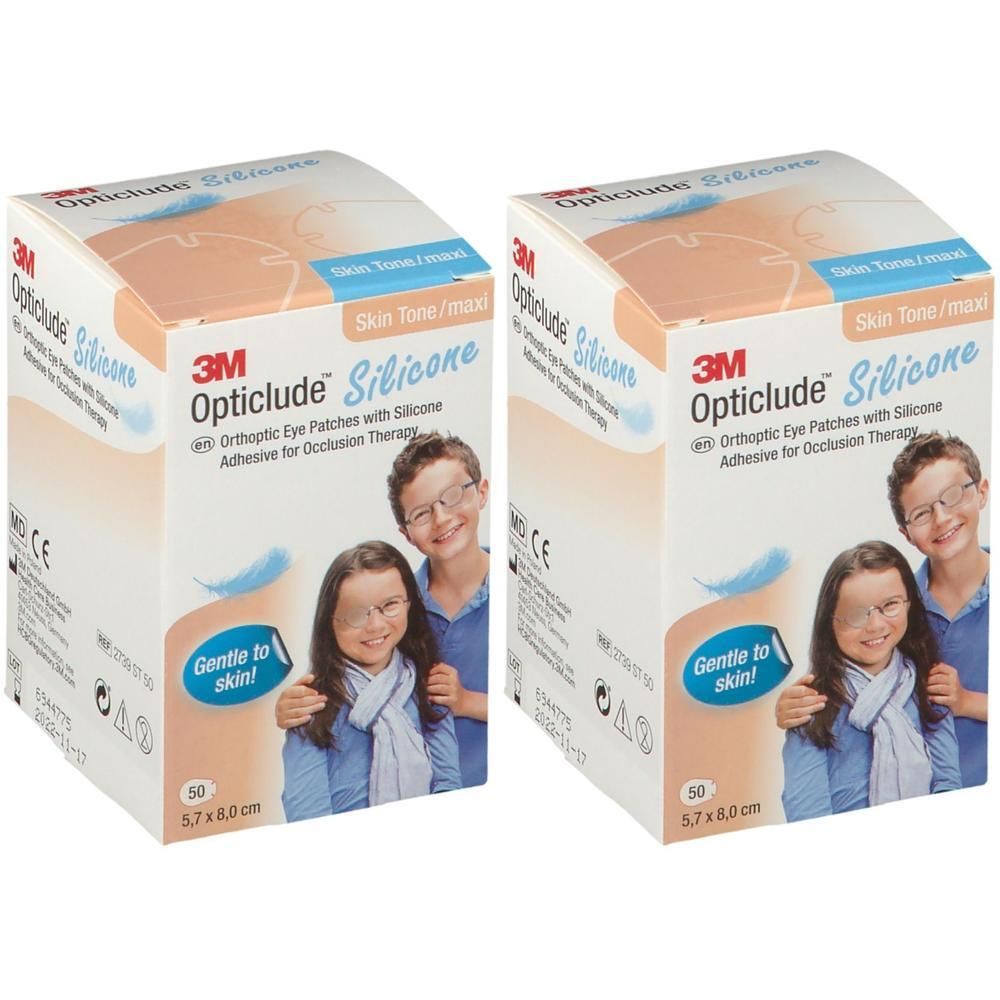 Twee pakken 3M Opticlude Silicone oogpleisters voor occlusietherapie, huidskleur.