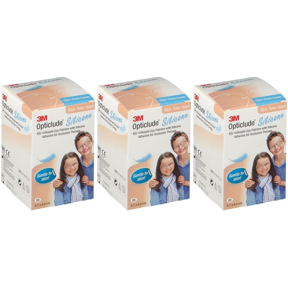 Trois boîtes de pansements oculaires 3M Opticlude Silicone pour thérapie d'occlusion.