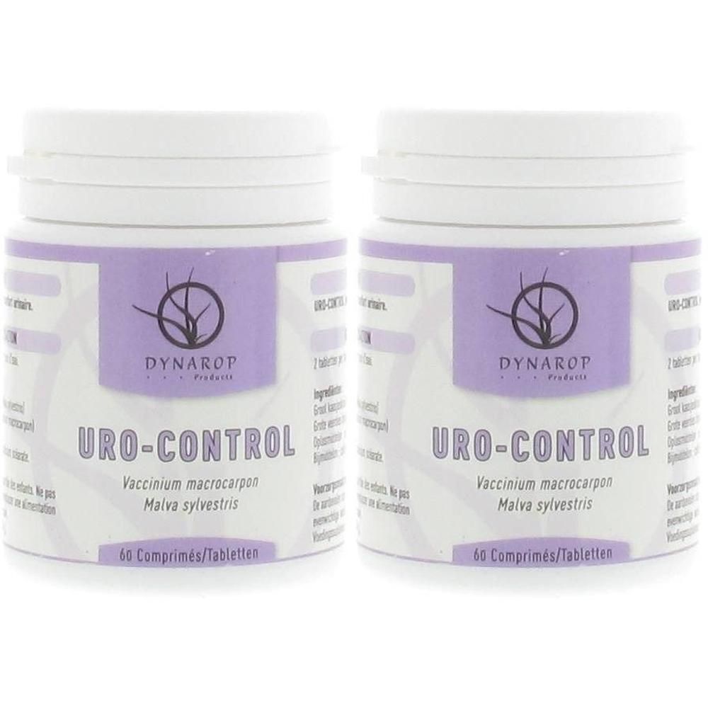 Twee DYNAROP URO-CONTROL potjes met elk 60 tabletten. Bevat Vaccinium macrocarpon en Malva sylvestris.