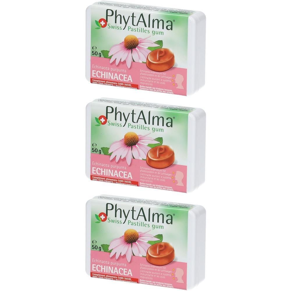 Trois paquets de pastilles Phytalma Echinacea sans sucre. Chaque paquet contient 50g.