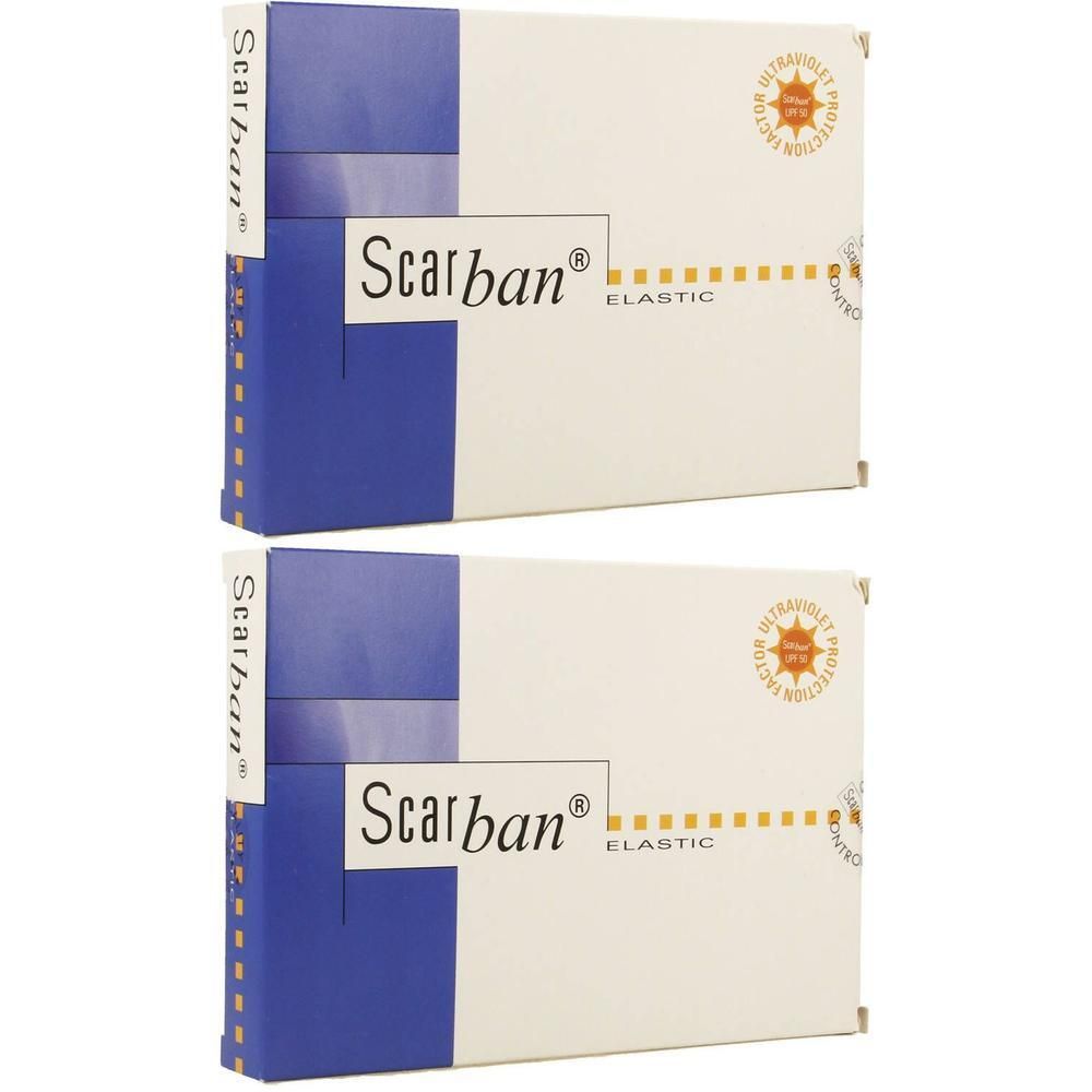 Twee pakken Scarban Elastic, witte dozen met blauwe accenten en productinformatie.