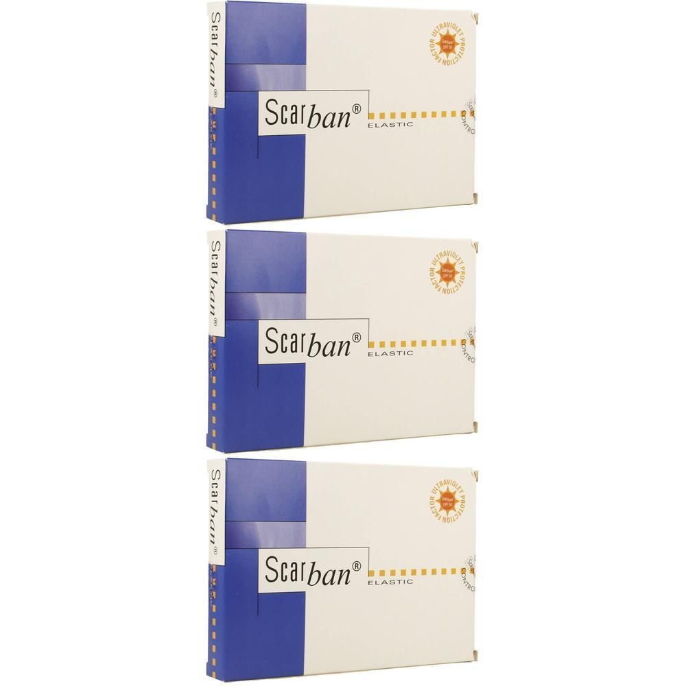 Drie verpakkingen Scarban Elastic Aereola Circle op witte achtergrond.