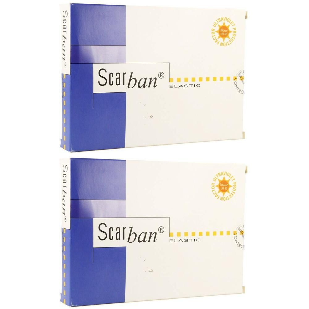 Twee verpakkingen Scarban Elastic, wit en blauw.