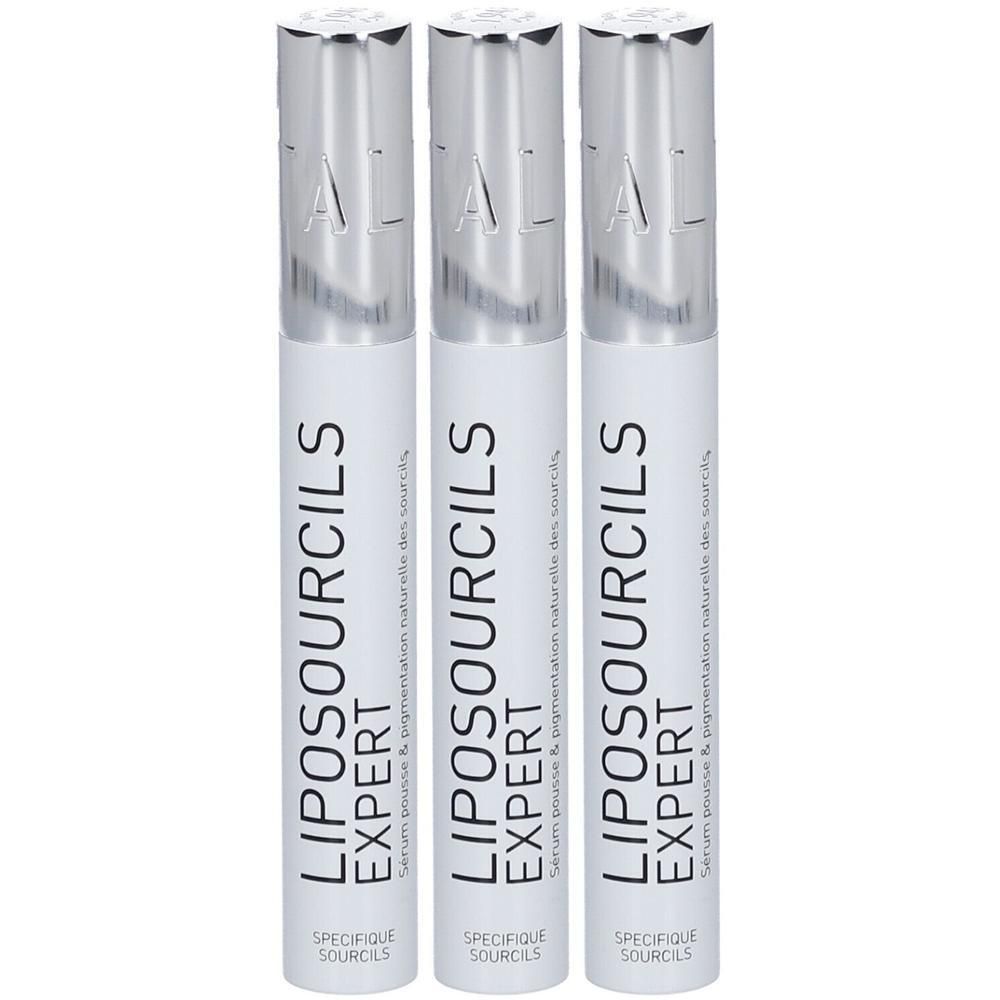 Trois tubes blancs avec capuchons argentés, marqués 'Liposourcils Expert'.