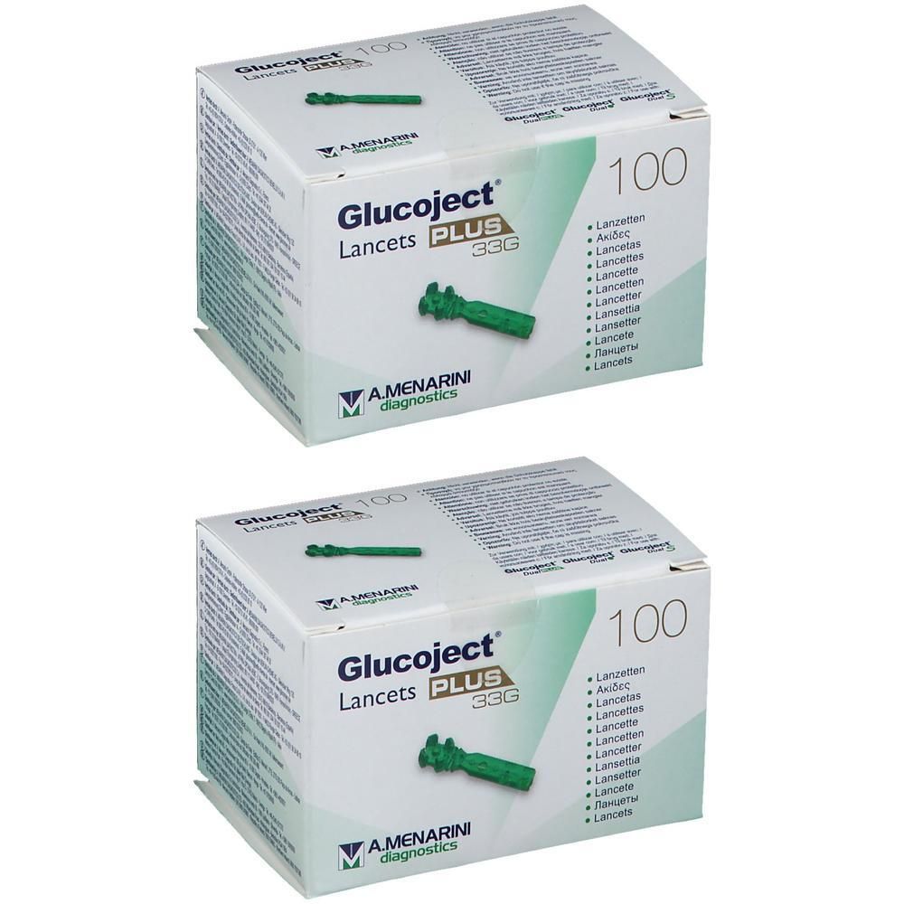 Deux boîtes de lancettes Glucoject Plus 33G, chacune contenant 100 pièces. Des lancettes vertes sont visibles.