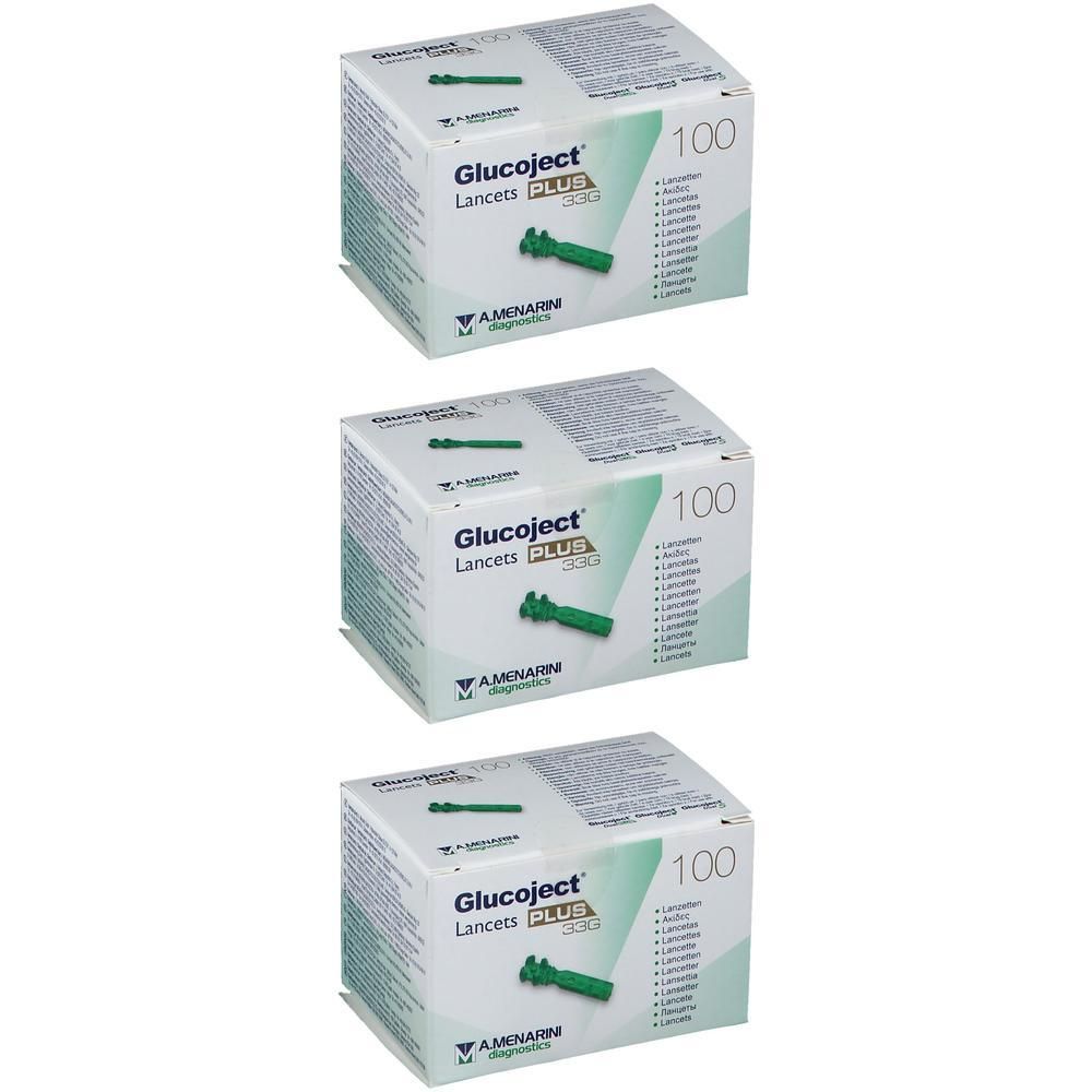 Drie dozen Glucoject Plus lancetten, 33G, 100 per doos.