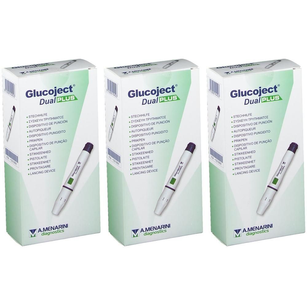 Drie verpakkingen Glucoject Dual Plus Autopiquer met lancetapparaat.