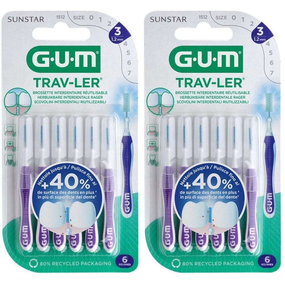 Twee pakken GUM Trav-Ler interdentale borsteltjes, maat 3, 1,2 mm, 6 borsteltjes per pak.