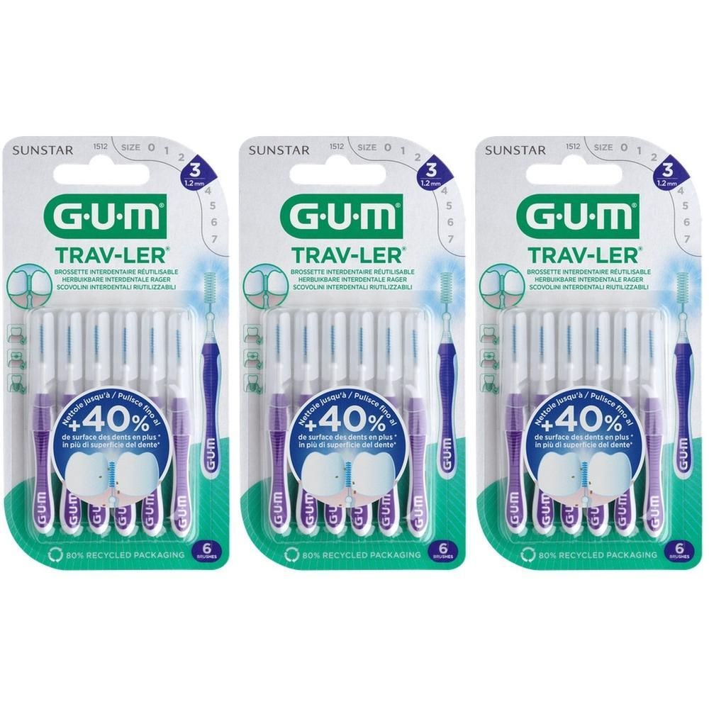 Trois paquets de brossettes interdentaires GUM Trav-Ler, taille 1,2 mm.