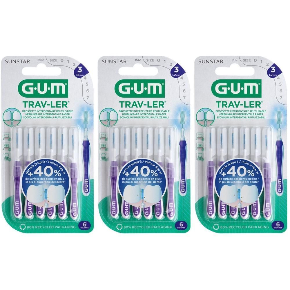 Drie pakken GUM Trav-Ler interdentale borstels, maat 1,2 mm.
