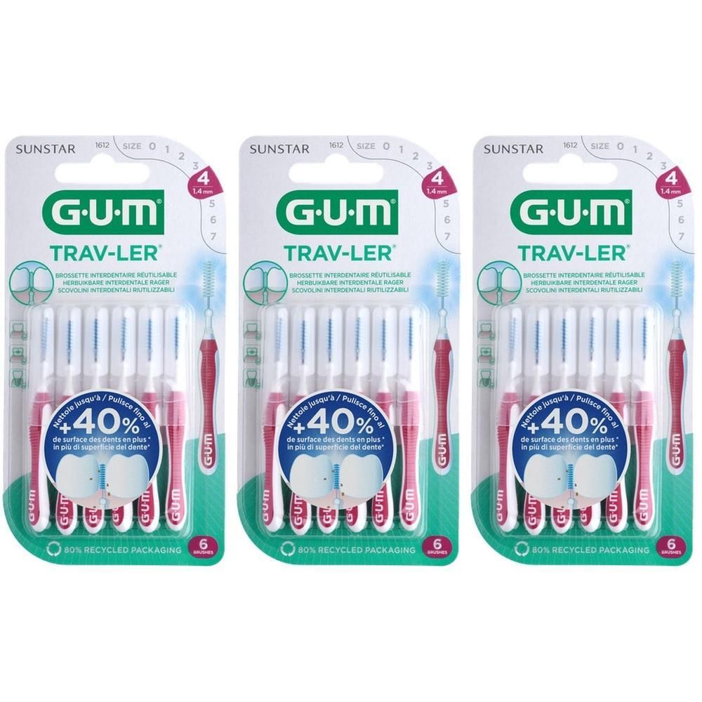 Trois paquets de brossettes interdentaires GUM Trav-Ler, taille 4 (1,4 mm), 6 pièces par paquet.