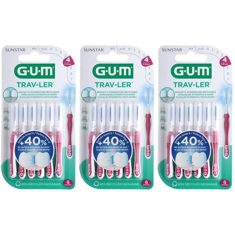 Drie pakken GUM Trav-Ler interdentale borstels, maat 4 (1,4 mm), 6 stuks per pak.
