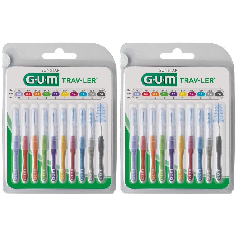 Deux paquets de brosses interdentaires GUM Proxabrush format voyage, chacun contenant 10 brosses de différentes couleurs et tailles.