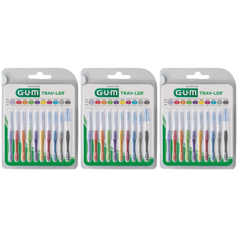 Trois paquets de brosses interdentaires GUM Proxabrush, chacun contenant 10 brosses de couleurs variées.