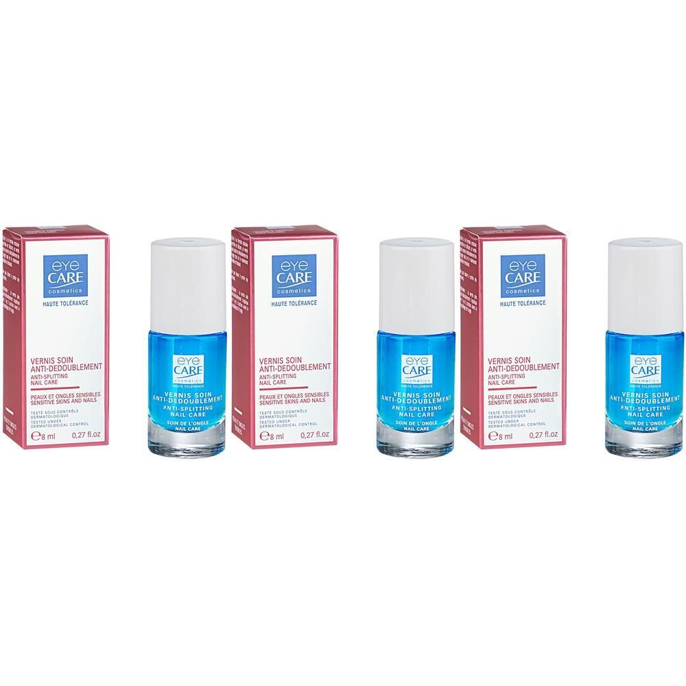 Trois flacons Eye Care Vernis Soin Anti-Dédoublement avec emballage. Liquide bleu dans des flacons en verre avec bouchon blanc.
