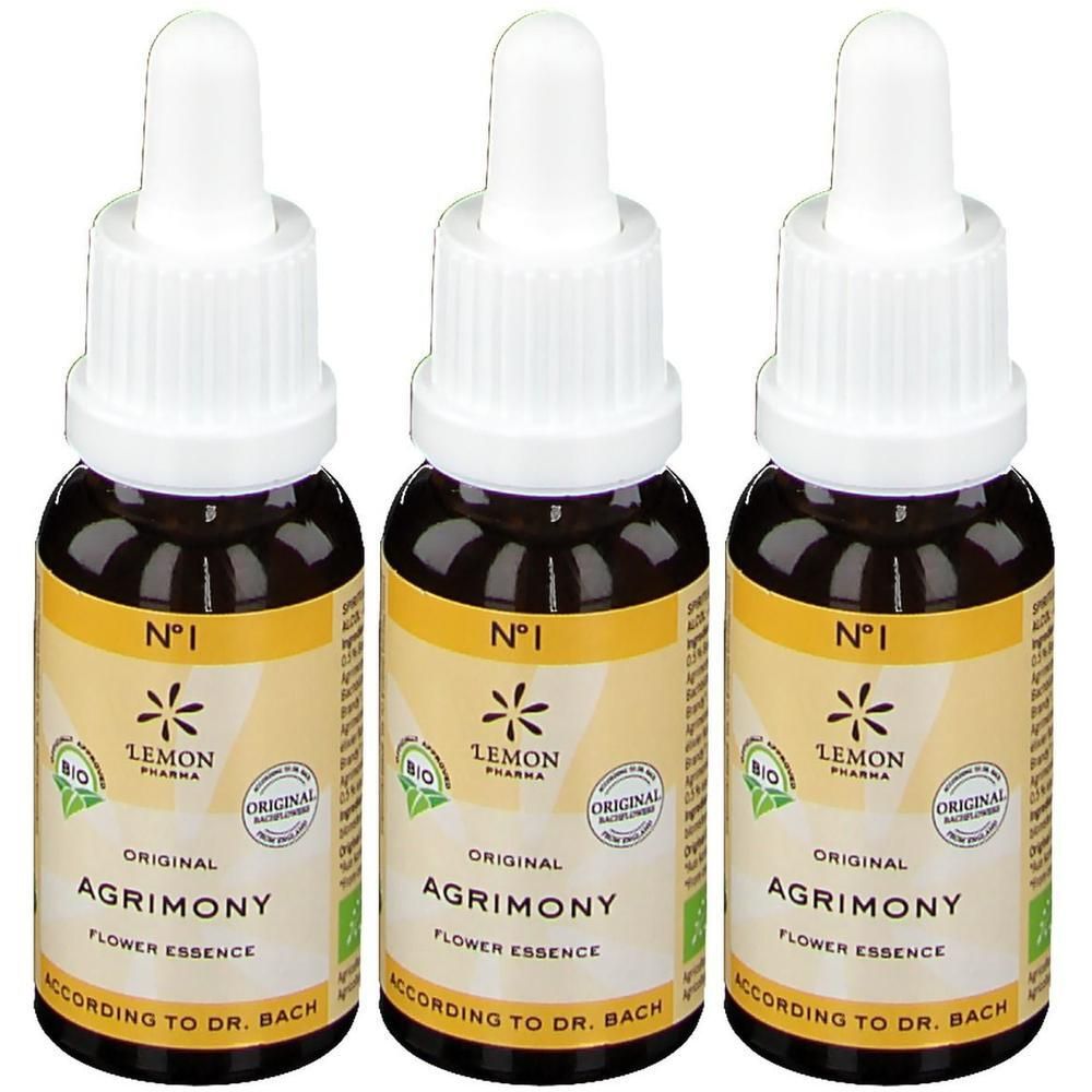 Drie flesjes Agrimony Bach bloesem van Lemon Pharma. Donker glas met druppeldop.