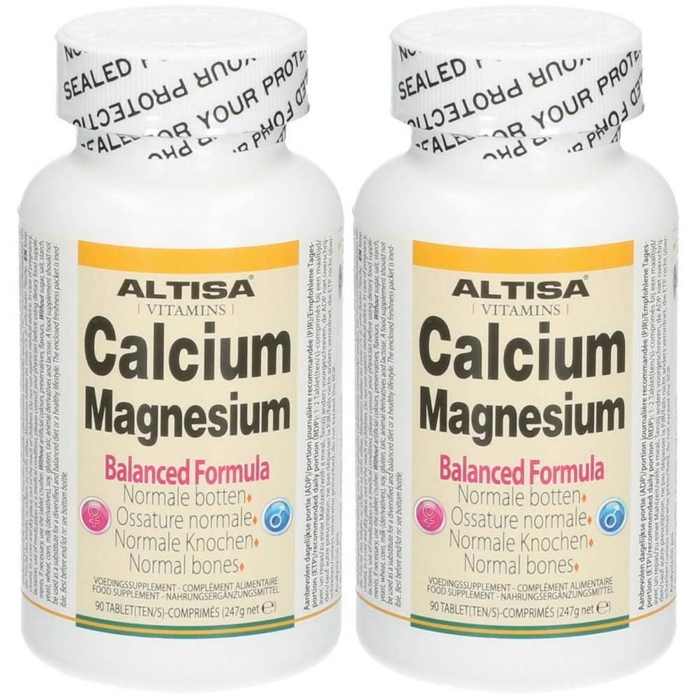 Deux flacons de formule équilibrée Calcium Magnésium Altisa, 90 comprimés par flacon.