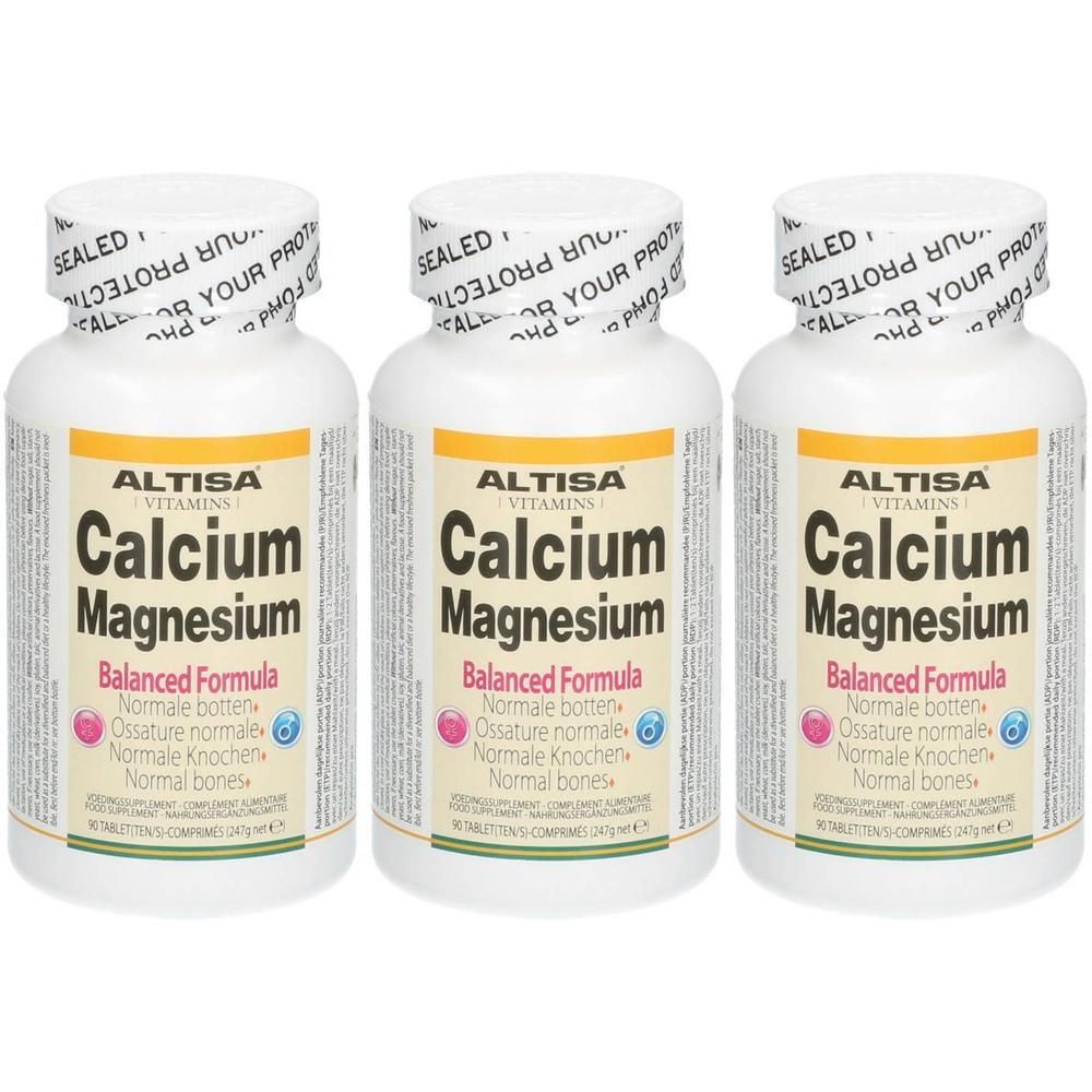 Drie flessen Altisa Calcium Magnesium Balanced Formula met zegel.