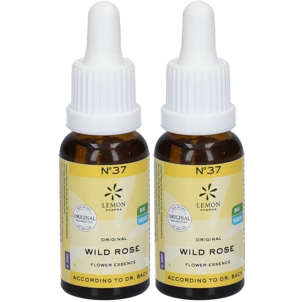Twee flesjes Wild Rose (Nr. 37) Bachbloesem van Lemon Pharma. Bruine glazen flesjes met druppeldop.