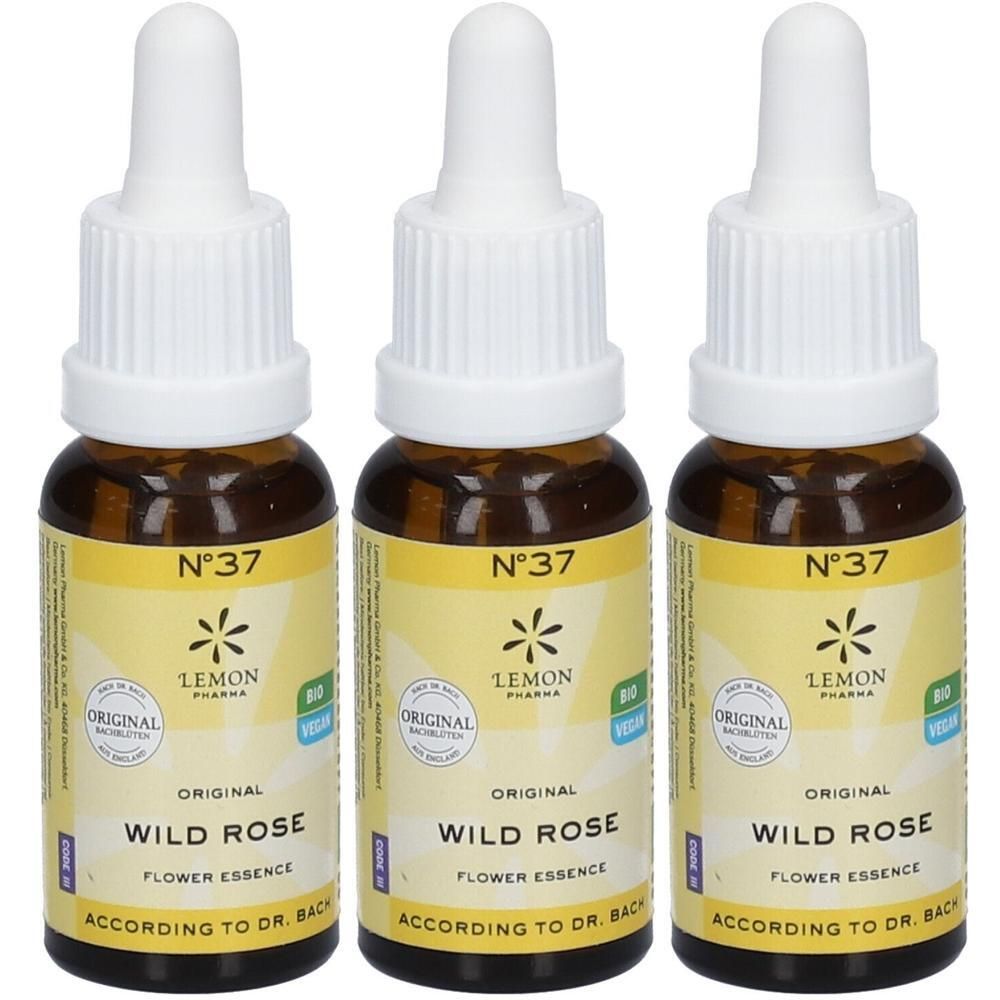 Trois flacons d'élixir floral N°37 Wild Rose de Lemon Pharma. Flacons en verre brun avec compte-gouttes.
