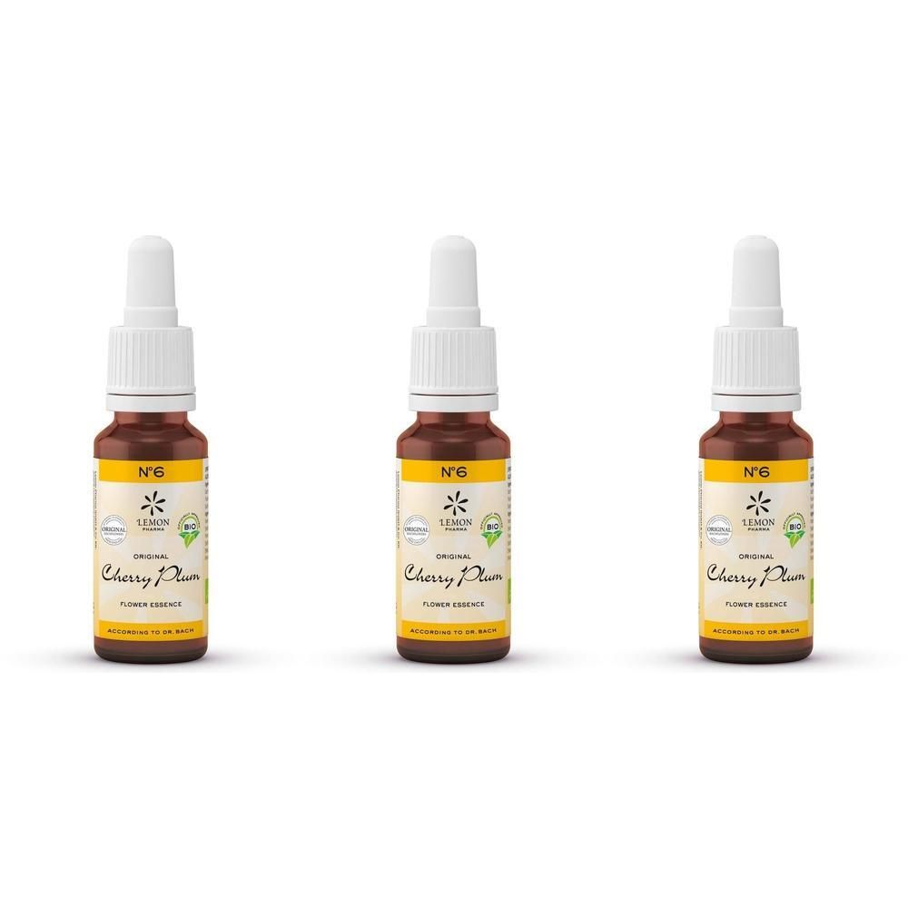 Drie flesjes Bachbloesem N°06 Cherry Plum met druppelaar.