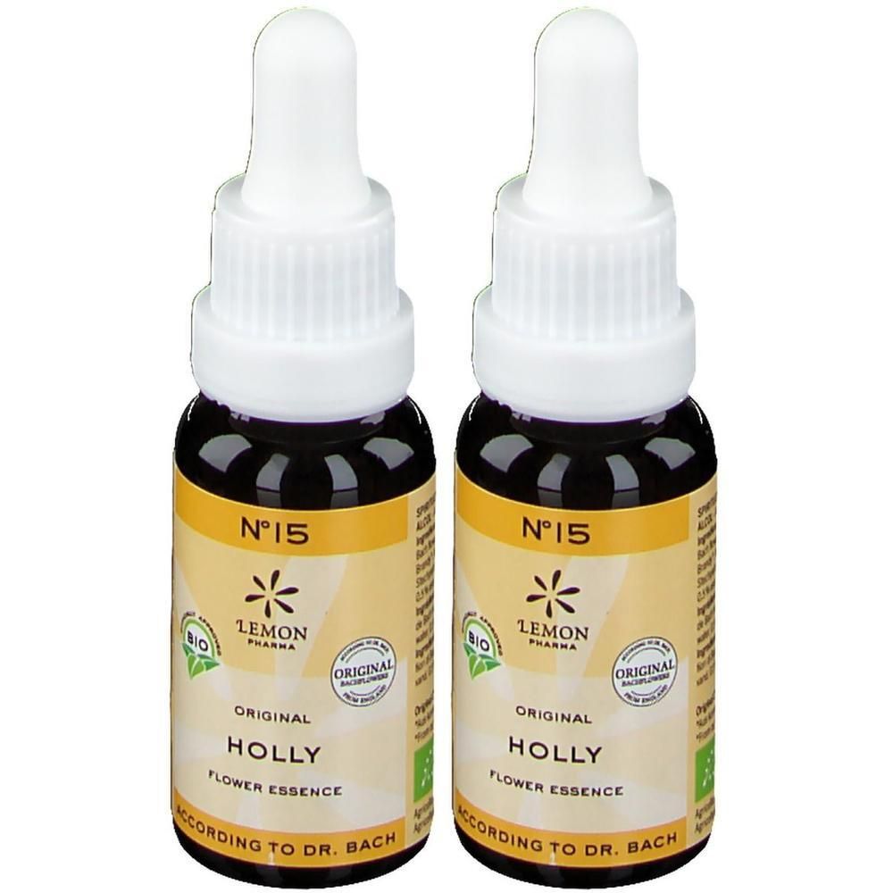 Deux flacons d'élixir floral de Bach N°15 Holly par Lemon Pharma. Verre foncé avec bouchon compte-gouttes.
