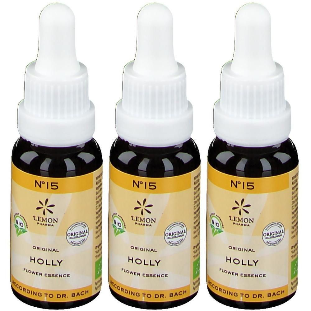 Trois flacons avec compte-gouttes, étiquette jaune avec 'N°15 HOLLY FLOWER ESSENCE'.