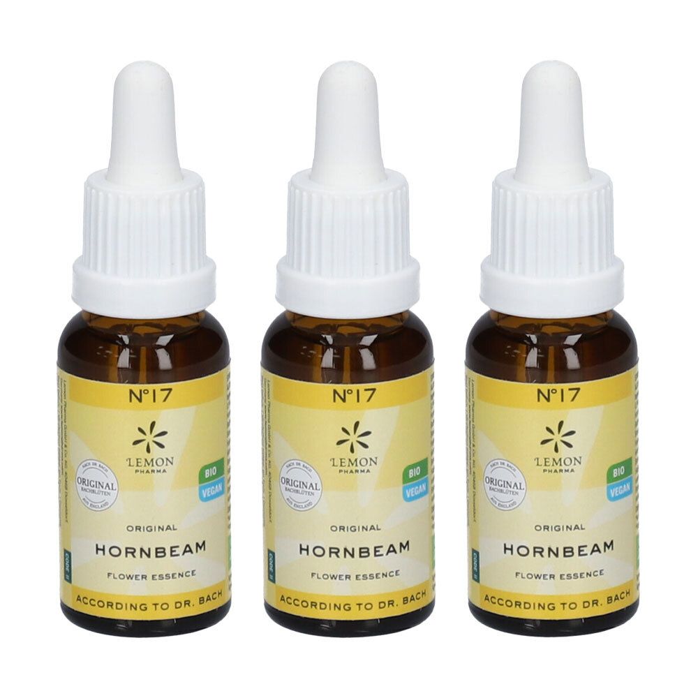 Trois flacons d'essence de fleurs de Bach N°17 Hornbeam, Original selon Dr. Bach.