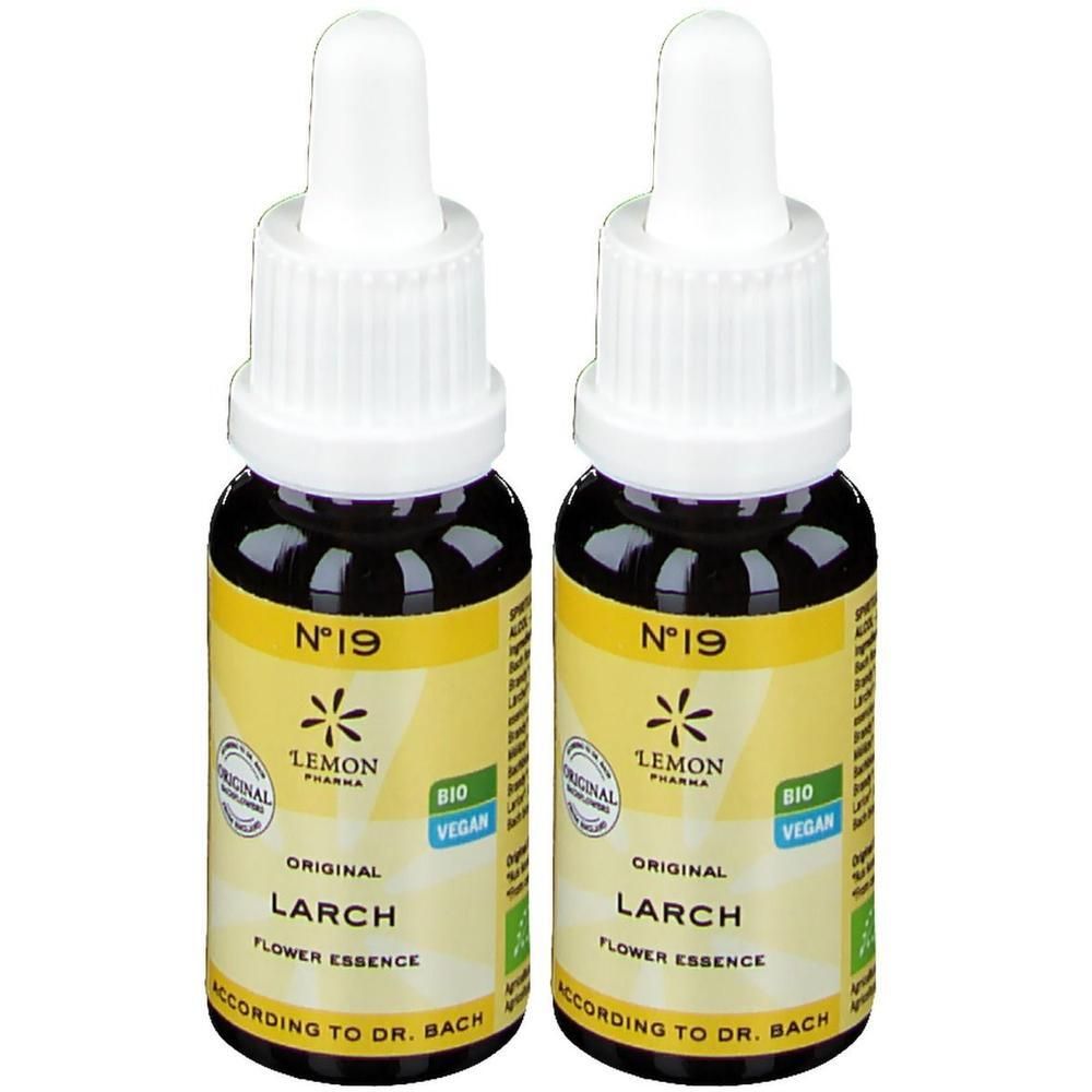 Twee flesjes met druppelaar, Larch N°19, Bio, Vegan.