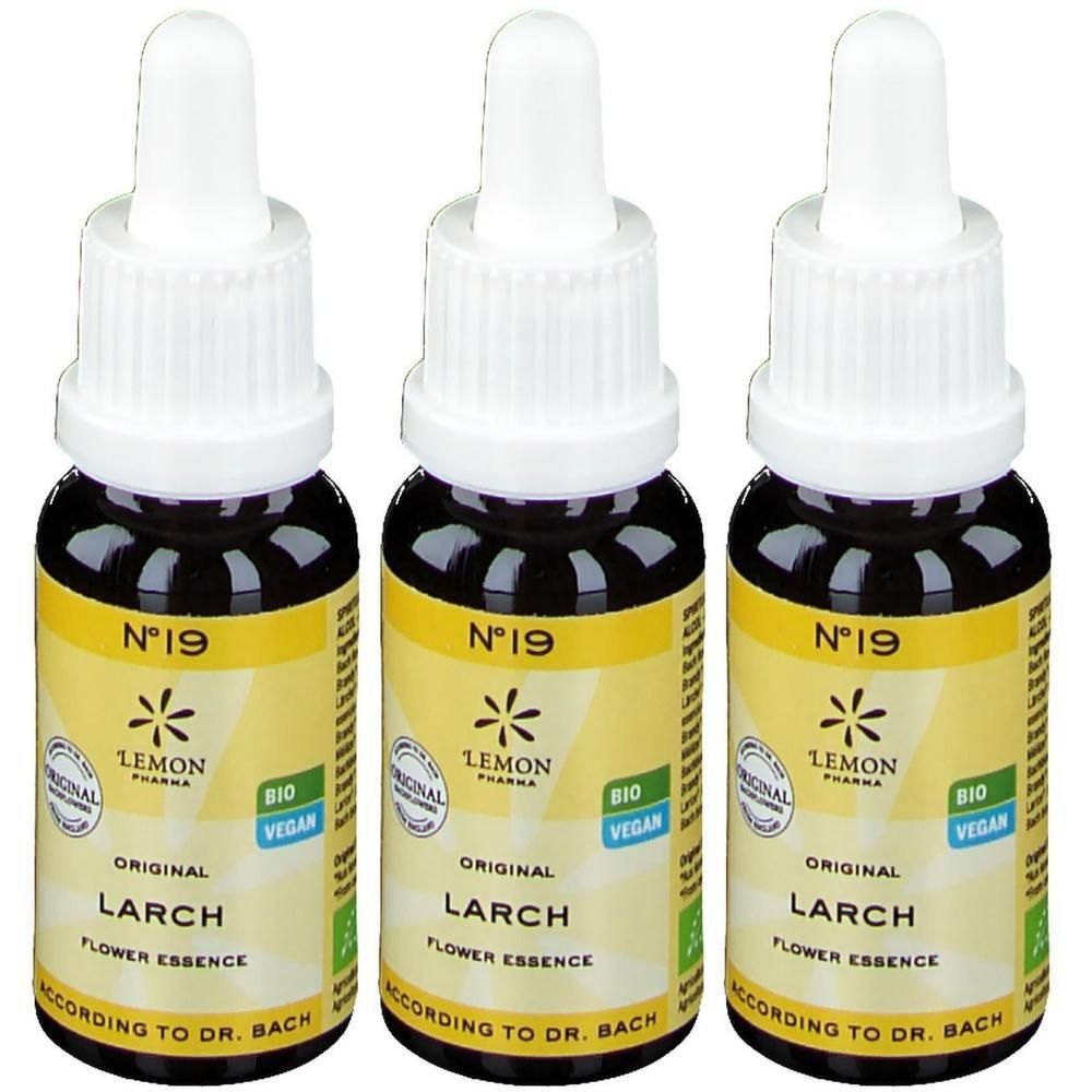 Trois flacons d'essence de fleurs de Bach Larch, Original selon Dr. Bach, Bio et Végan.