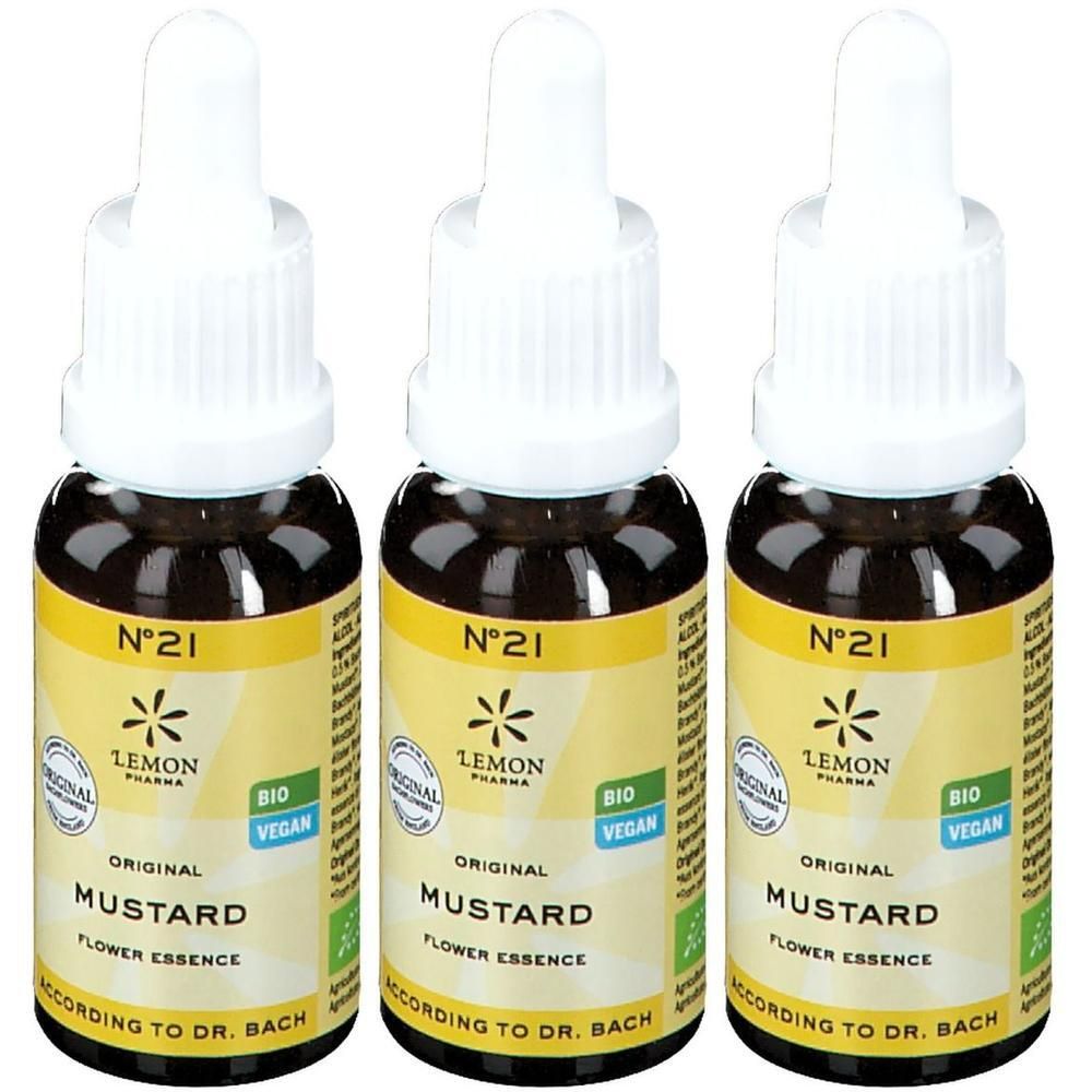 Drie flesjes met geel etiket, N°21 Original Mustard Flower Essence.