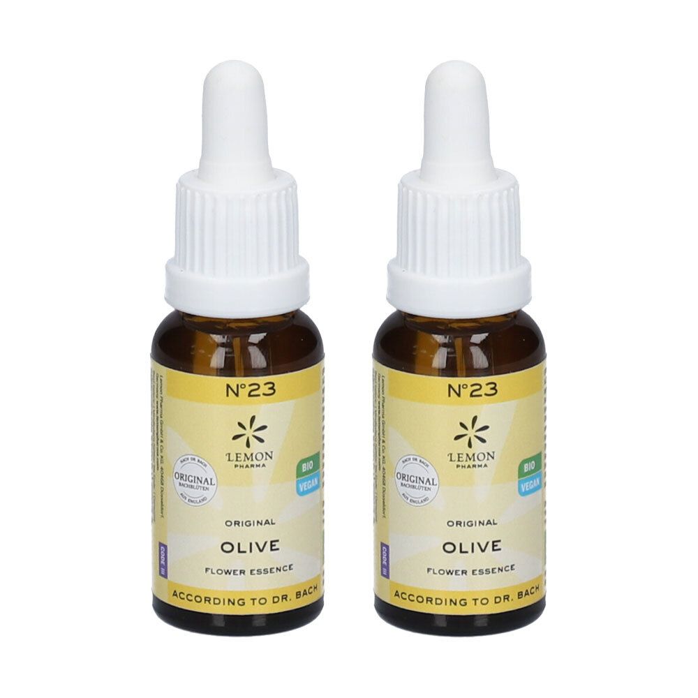Twee flesjes met druppelaar, N°23 Olive, originele bloesemremedie.