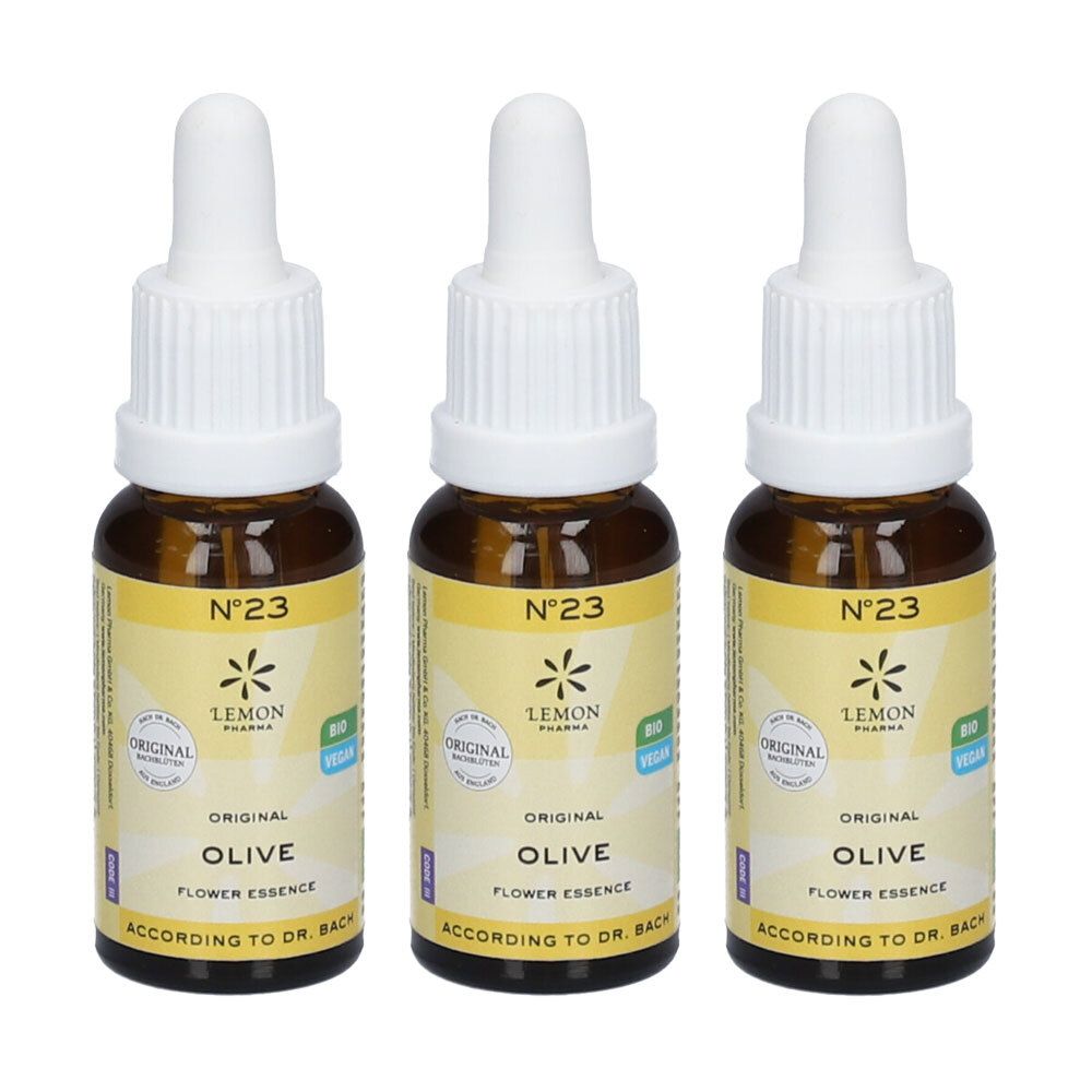 Drie flesjes Original Bach bloesem Olive nr. 23 van Lemon Pharma.